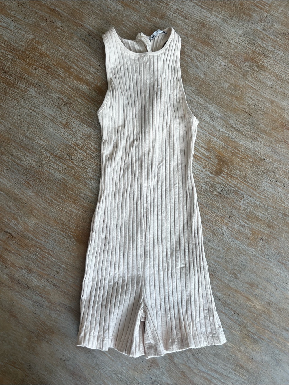Zara Ribbed Sleeveless Knit Romper in Soft Beige